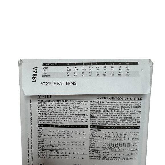 Vintage VOGUE CLAIRE SHAEFFERS Dress Pant Pattern V7881 Sz 12-14-16 Uncut - Picture 4 of 5